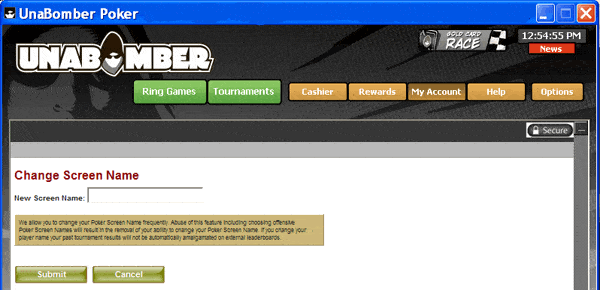 Unabomber Poker Change Screen Name